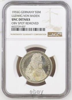 1955, Germany (Federal Republic). Silver 5 Mark Louis of Baden Coin. NGC UNC+