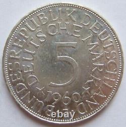 Pièce d'argent de l'Aigle Fédéral de la République fédérale d'Allemagne 5 DM 1960 J en non circulé