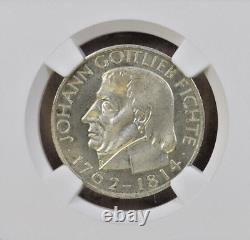 Pièce de monnaie en argent de 5 marks de la République fédérale d'Allemagne 1964-J, décès de Johann Fichte, NGC MS-66.