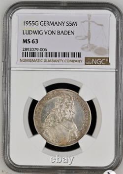 Pièce en argent de 5 Marks de la République fédérale d'Allemagne de 1955, Ludwig von Baden, certifiée NGC MS-63.